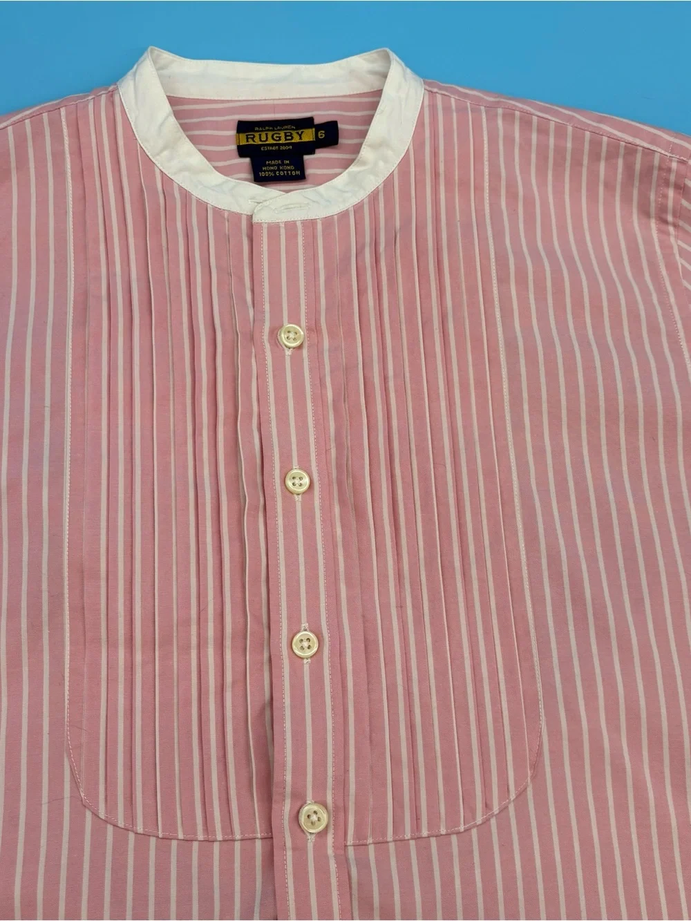 Ralph Lauren Rugby Shirt Tuxedo Pleated Front Pink & White Stripe 6 - Picture 2 of 10